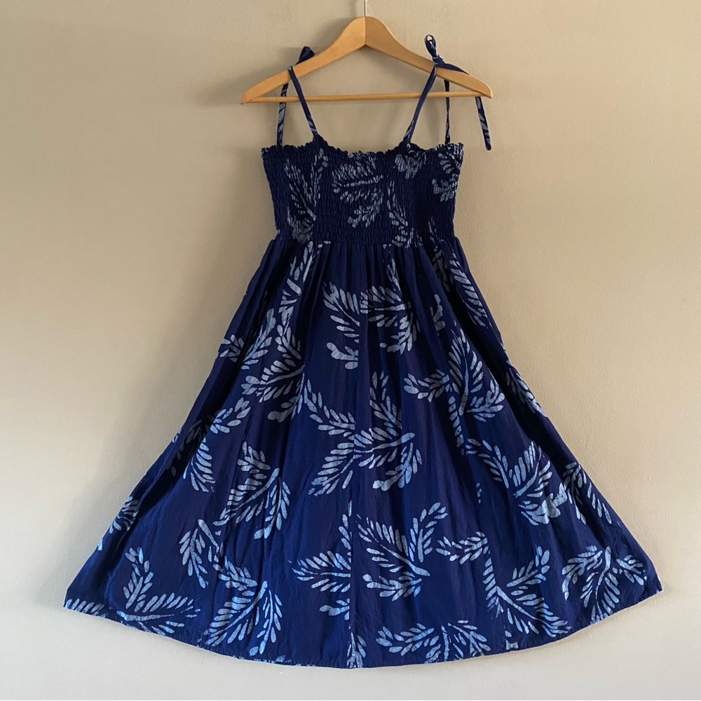 Global Mamas Women’s Blue Cotton Batik Smocked Tie Strap Sun Dress Size XL